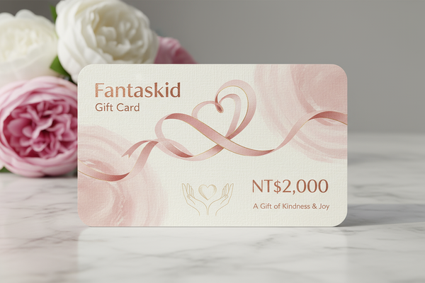 Generate an elegant, modern Fantaskid gift card with a touch of love and kindness showing a face value of NT$2,000